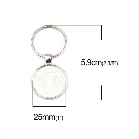 Picture of Zinc Based Alloy Keychain & Keyring Silver Tone Round Cabochon Settings (Fits 25mm Dia.) 59mm x 30mm, 5 PCs