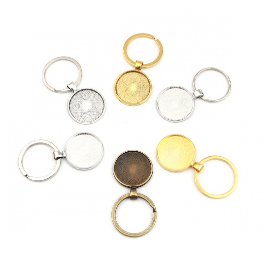 Picture of Zinc Based Alloy Keychain & Keyring Antique Silver Color Round Cabochon Settings (Fits 24mm Dia.) 60mm x 30mm, 5 PCs