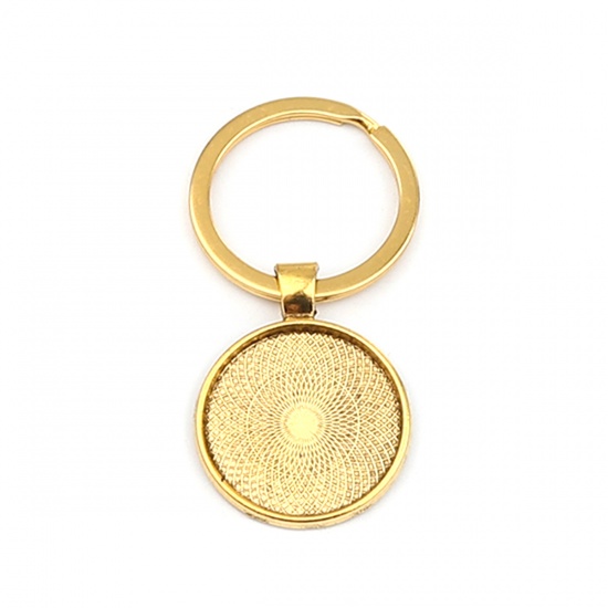 Изображение Zinc Based Alloy Keychain & Keyring Gold Tone Antique Gold Round Cabochon Settings (Fits 25mm Dia.) 60mm x 30mm, 5 PCs