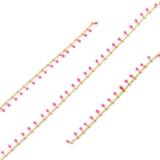 Immagine di Ottone Smalto Catena Singolare Accessori Tondo Oro Placcato Fluorescente Rosa 6x2mm, 1 M                                                                                                                                                                      