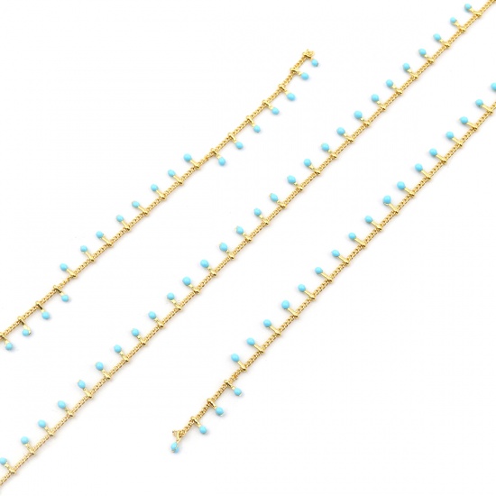Immagine di Ottone Smalto Catena Singolare Accessori Tondo Oro Placcato Blu Chiaro 6x2mm, 1 M                                                                                                                                                                             