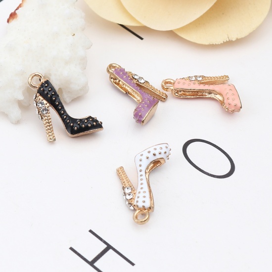 Immagine di Zinc Based Alloy Clothes Charms High-heeled Shoes Gold Plated Multicolor Enamel Clear Rhinestone 18mm x 14mm, 1 Set ( 20 PCs/Set)