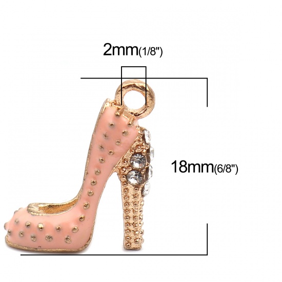 Immagine di Zinc Based Alloy Clothes Charms High-heeled Shoes Gold Plated Orange Pink Enamel Clear Rhinestone 18mm x 14mm, 10 PCs
