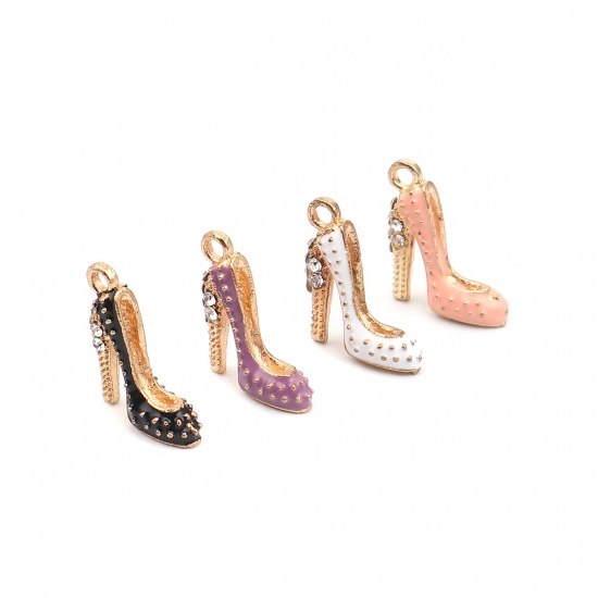 Immagine di Zinc Based Alloy Clothes Charms High-heeled Shoes Gold Plated Orange Pink Enamel Clear Rhinestone 18mm x 14mm, 10 PCs