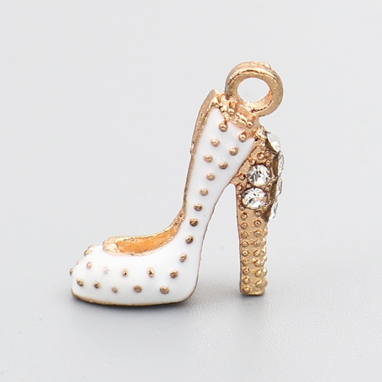 Immagine di Zinc Based Alloy Clothes Charms High-heeled Shoes Gold Plated White Enamel Clear Rhinestone 18mm x 14mm, 10 PCs