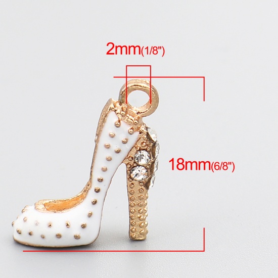 Immagine di Zinc Based Alloy Clothes Charms High-heeled Shoes Gold Plated White Enamel Clear Rhinestone 18mm x 14mm, 10 PCs