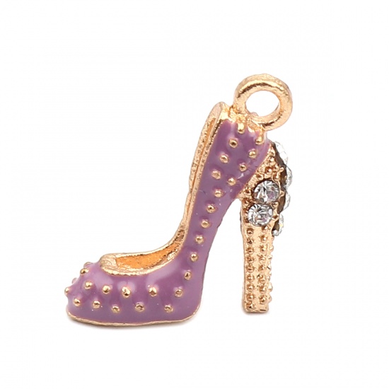 Immagine di Zinc Based Alloy Clothes Charms High-heeled Shoes Gold Plated Purple Enamel Clear Rhinestone 18mm x 14mm, 10 PCs
