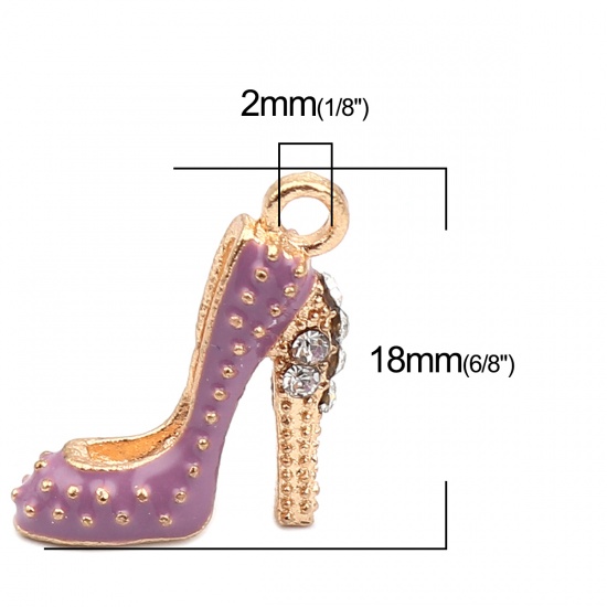 Immagine di Zinc Based Alloy Clothes Charms High-heeled Shoes Gold Plated Purple Enamel Clear Rhinestone 18mm x 14mm, 10 PCs