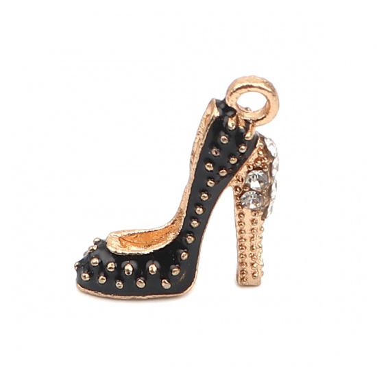 Picture of Zinc Based Alloy Clothes Charms High-heeled Shoes Gold Plated Black Enamel Clear Rhinestone 18mm x 14mm, 10 PCs