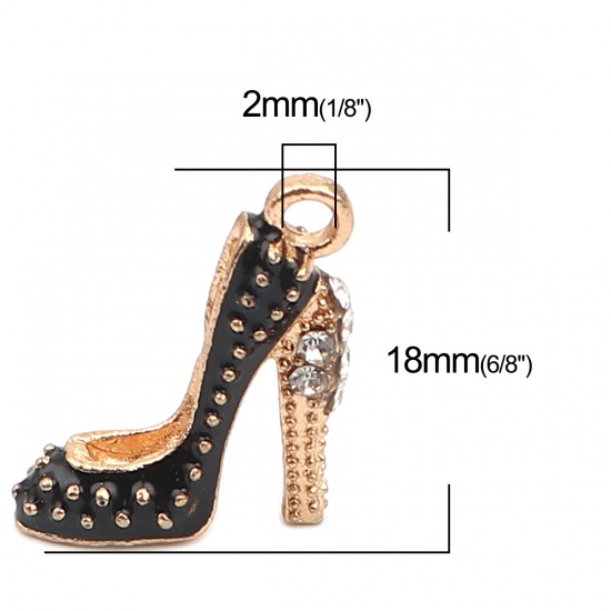 Immagine di Zinc Based Alloy Clothes Charms High-heeled Shoes Gold Plated Black Enamel Clear Rhinestone 18mm x 14mm, 10 PCs