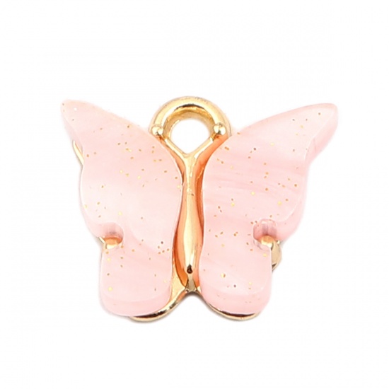 Изображение Zinc Based Alloy & Acrylic Insect Charms Butterfly Animal Gold Plated Pink 15mm x 13mm, 10 PCs