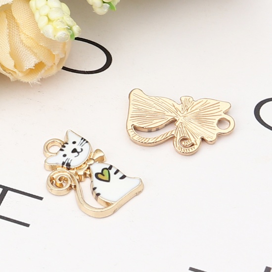 Picture of Zinc Based Alloy Charms Cat Animal Gold Plated Multicolor Enamel 22mm x 13mm, 10 PCs