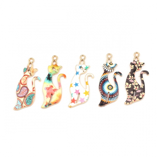 Picture of Zinc Based Alloy Pendants Cat Animal Gold Plated Multicolor Star Enamel 37mm x 13mm, 10 PCs