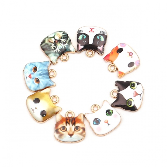 Picture of Zinc Based Alloy Charms Cat Animal Gold Plated Dark Green Enamel 13mm x 13mm, 10 PCs