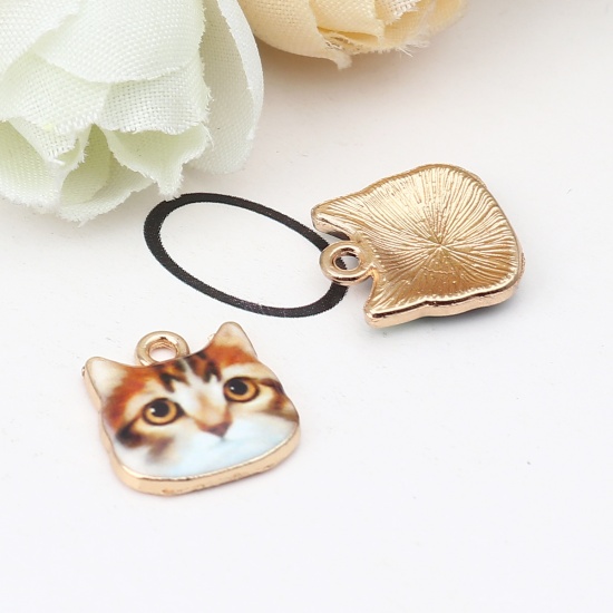 Picture of Zinc Based Alloy Charms Cat Animal Gold Plated Brown Yellow Enamel 13mm x 13mm, 10 PCs