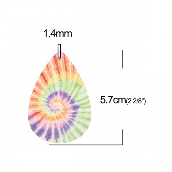 Picture of PU Leather Ethnic Pendants Drop Multicolor Swirl Tie-Dye 57mm x 38mm, 5 PCs
