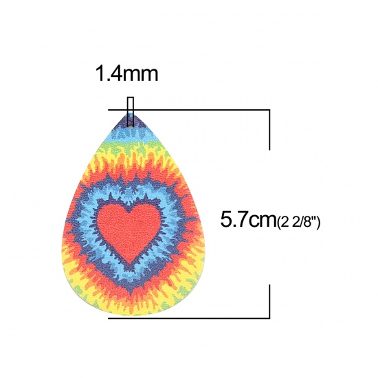 Picture of PU Leather Ethnic Pendants Drop Multicolor Heart Tie-Dye 57mm x 38mm, 5 PCs
