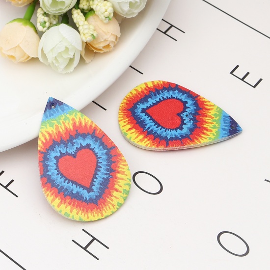 Изображение PU Leather Ethnic Pendants Drop Multicolor Heart Tie-Dye 57mm x 38mm, 5 PCs