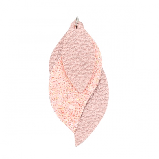 Изображение PU Leather Pendants Leaf Dark Pink Sequins 77mm x 34mm, 5 PCs