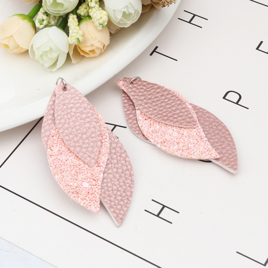 Picture of PU Leather Pendants Leaf Dark Pink Sequins 77mm x 34mm, 5 PCs