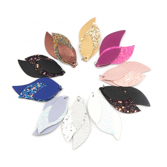 Picture of PU Leather Pendants Leaf Dark Pink Sequins 77mm x 34mm, 5 PCs