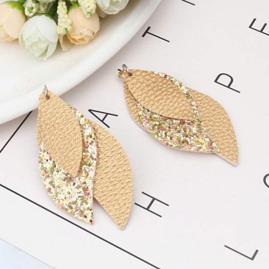 Picture of PU Leather Pendants Leaf Champagne Sequins 77mm x 34mm, 5 PCs
