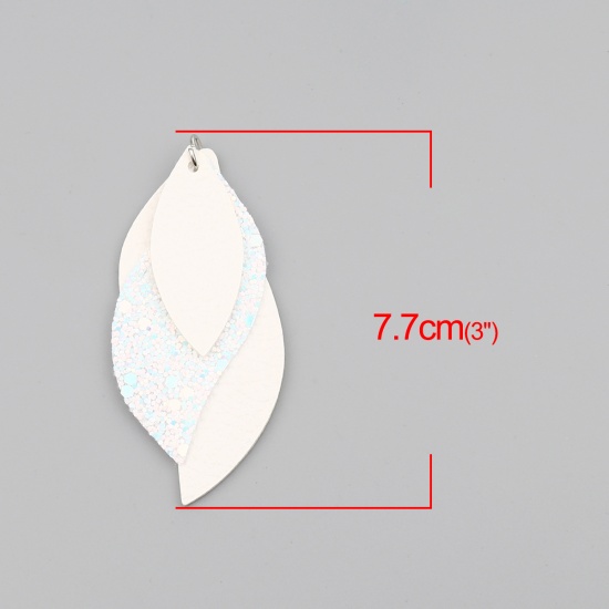 Picture of PU Leather Pendants Leaf Creamy-White AB Color Sequins 77mm x 34mm, 5 PCs