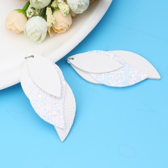 Picture of PU Leather Pendants Leaf Creamy-White AB Color Sequins 77mm x 34mm, 5 PCs