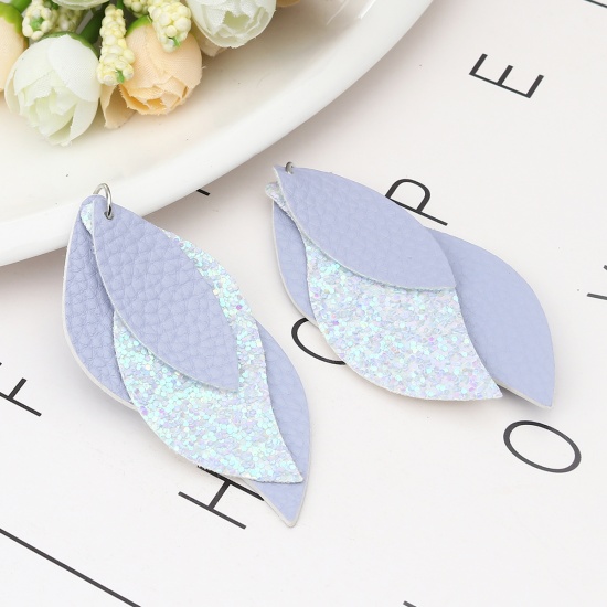 Picture of PU Leather Pendants Leaf Steel Gray AB Color Sequins 77mm x 34mm, 5 PCs