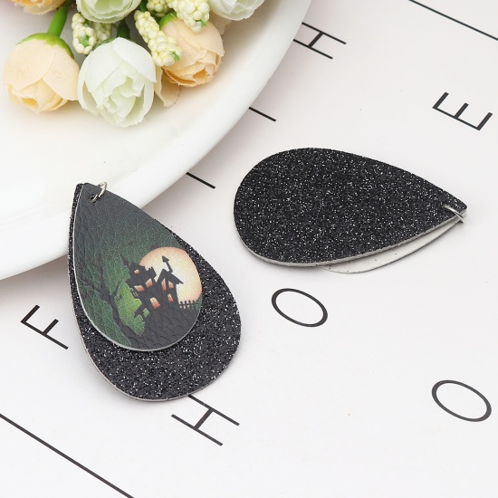Picture of PU Leather Pendants Drop Black Halloween Haunted House Sequins 57mm x 37mm, 5 PCs