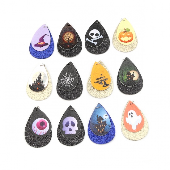 Picture of PU Leather Pendants Drop Black Halloween Haunted House Sequins 57mm x 37mm, 5 PCs