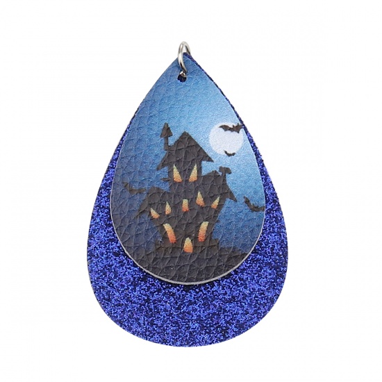 Picture of PU Leather Pendants Drop Royal Blue Halloween Haunted House Sequins 57mm x 37mm, 5 PCs
