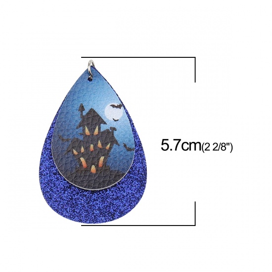 Изображение PU Leather Pendants Drop Royal Blue Halloween Haunted House Sequins 57mm x 37mm, 5 PCs
