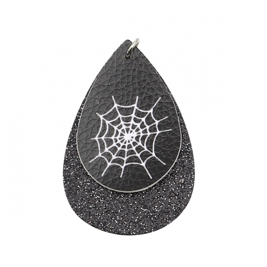 Изображение PU Leather Pendants Drop Black Halloween Cobweb Sequins 57mm x 37mm, 5 PCs