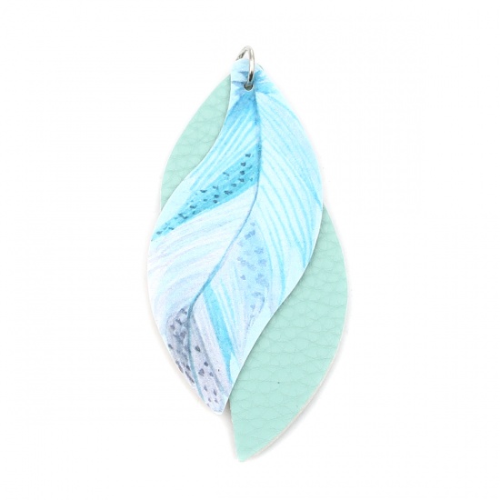 Picture of PU Leather Pendants Leaf Mintgreen Feather 77mm x 34mm, 5 PCs
