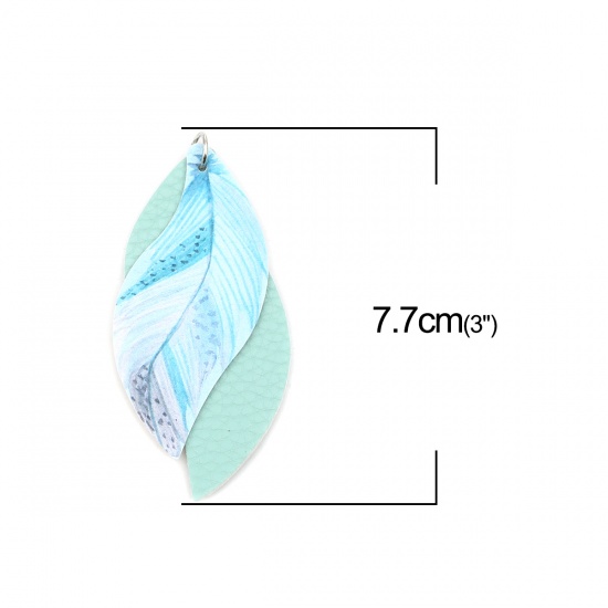 Picture of PU Leather Pendants Leaf Mintgreen Feather 77mm x 34mm, 5 PCs