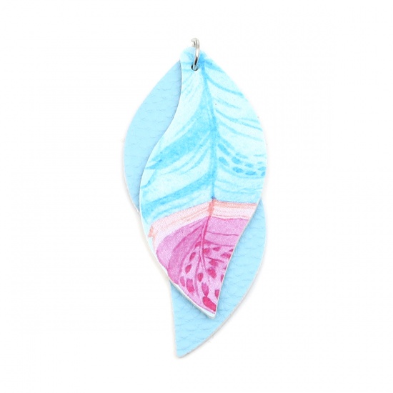 Picture of PU Leather Pendants Leaf Blue Feather 77mm x 34mm, 5 PCs