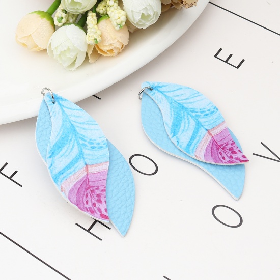 Picture of PU Leather Pendants Leaf Blue Feather 77mm x 34mm, 5 PCs