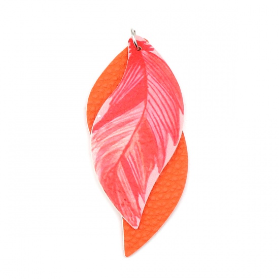 Picture of PU Leather Pendants Leaf Orange Feather 77mm x 34mm, 5 PCs