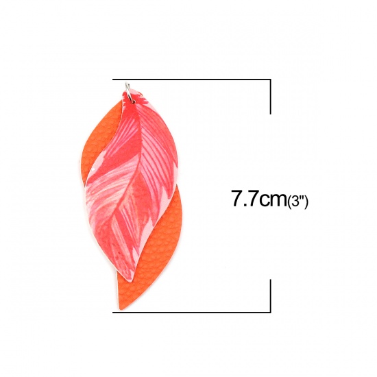 Изображение PU Leather Pendants Leaf Orange Feather 77mm x 34mm, 5 PCs