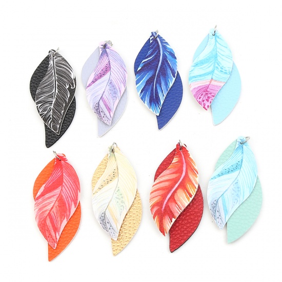 Picture of PU Leather Pendants Leaf Orange Feather 77mm x 34mm, 5 PCs