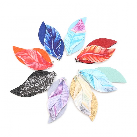 Picture of PU Leather Pendants Leaf Black & White Feather 77mm x 34mm, 5 PCs
