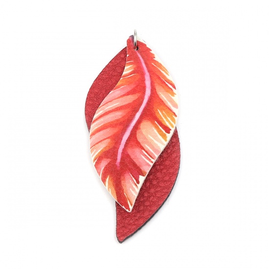 Изображение PU Leather Pendants Leaf Dark Red Feather 77mm x 34mm, 5 PCs