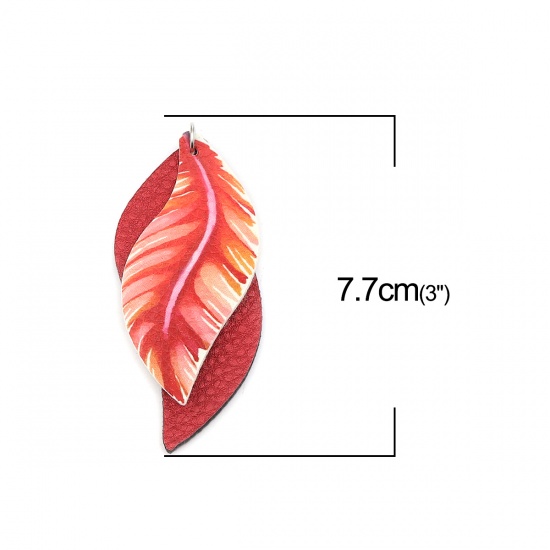 Picture of PU Leather Pendants Leaf Dark Red Feather 77mm x 34mm, 5 PCs