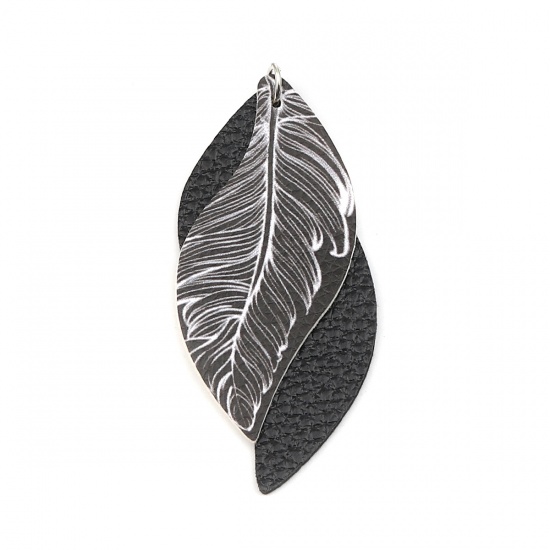 Picture of PU Leather Pendants Leaf Black & White Feather 77mm x 34mm, 5 PCs