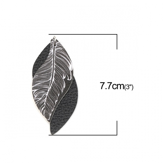 Изображение PU Leather Pendants Leaf Black & White Feather 77mm x 34mm, 5 PCs