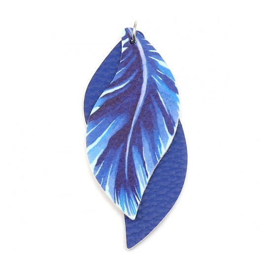 Изображение PU Leather Pendants Leaf Royal Blue Feather 77mm x 34mm, 5 PCs