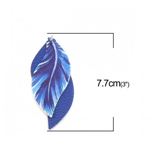 Picture of PU Leather Pendants Leaf Royal Blue Feather 77mm x 34mm, 5 PCs