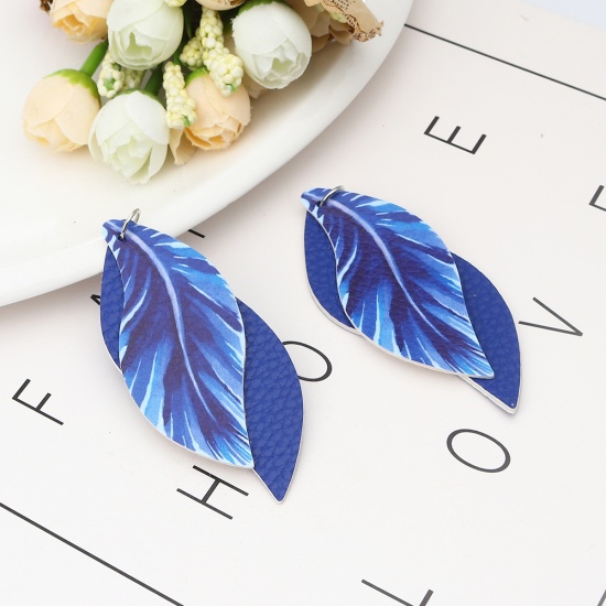 Immagine di PU Leather Pendants Leaf Royal Blue Feather 77mm x 34mm, 5 PCs