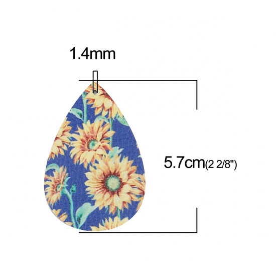 Изображение PU Leather Pendants Drop Multicolor Sunflower 57mm x 37mm, 10 PCs